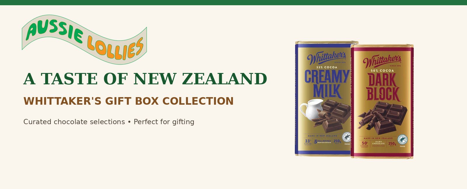 Aussie Lollies New Zealand chocolate gift boxes featuring genuine Whittaker's chocolate